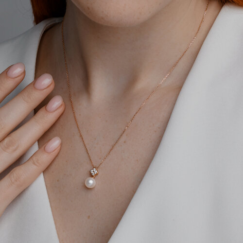 Colier din aur roșu cu pietre Cubic Zirconia Incolor, Perla Albă