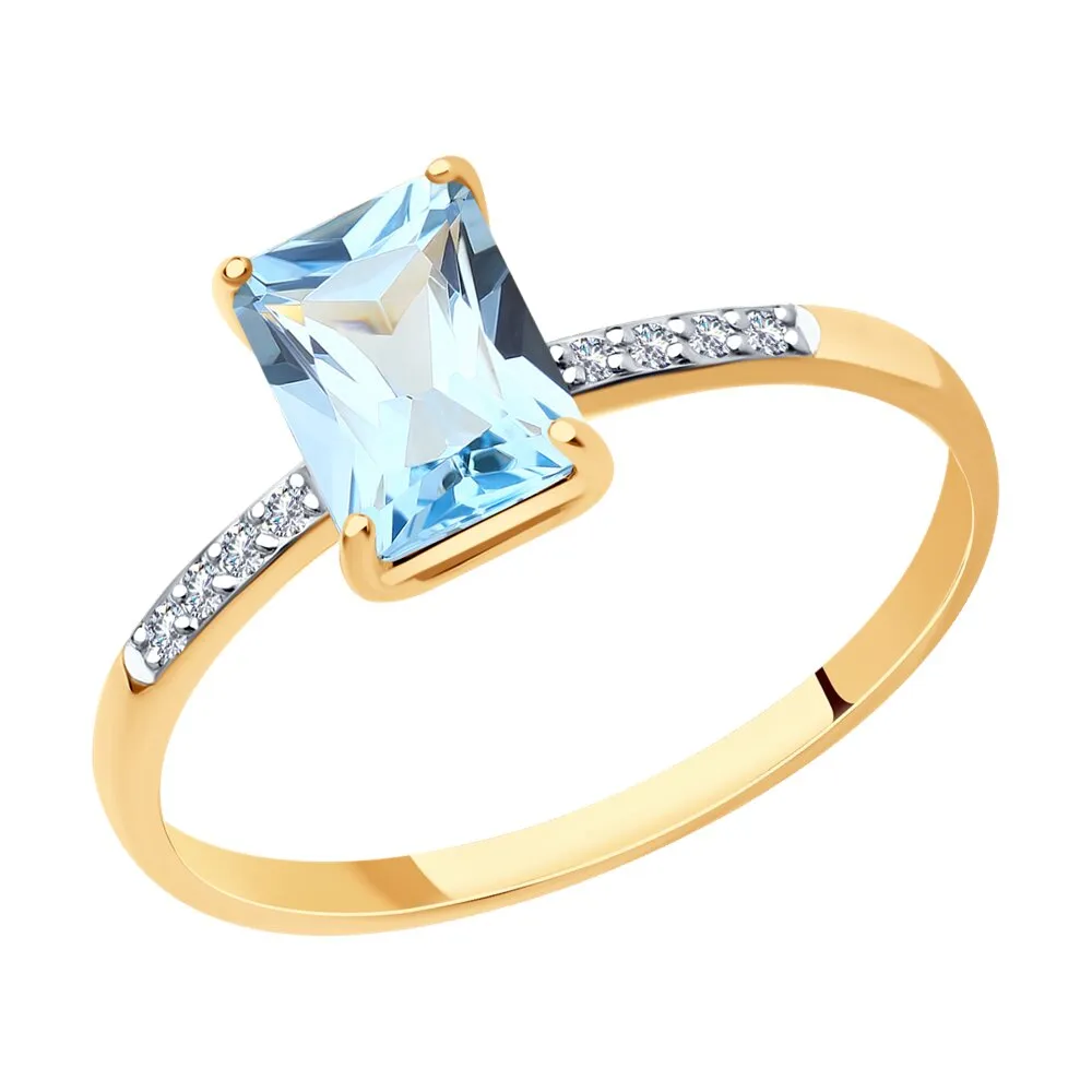 Inel din aur roșu cu Diamant, Topaz albastru