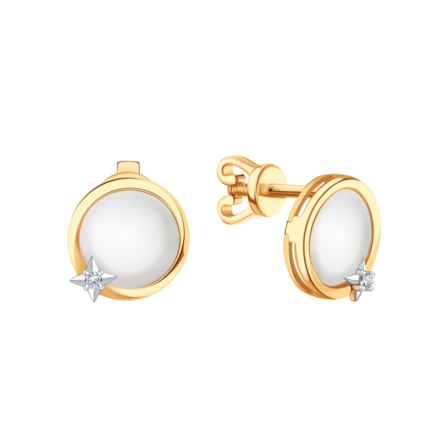 Cercei Pusete din aur roșu cu pietre Cubic Zirconia Incolor, Sidef Alb