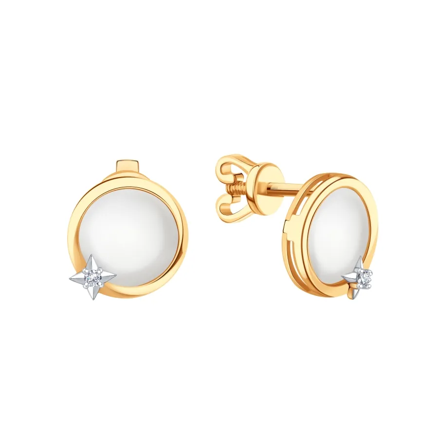 Cercei Pusete din aur roșu cu Cubic Zirconia Incolor, Sidef Alb