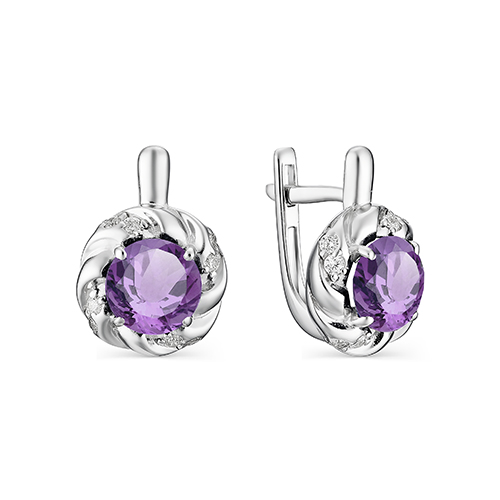 Серьги из серебра с камнями Фианит, Аметист