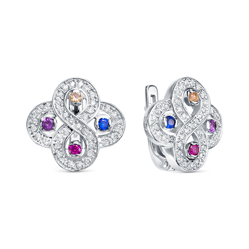 Cercei din argint  cu pietre Cubic Zirconia Incolor, Spinel Sintetic Albastru și Spinel Rosu Rubin