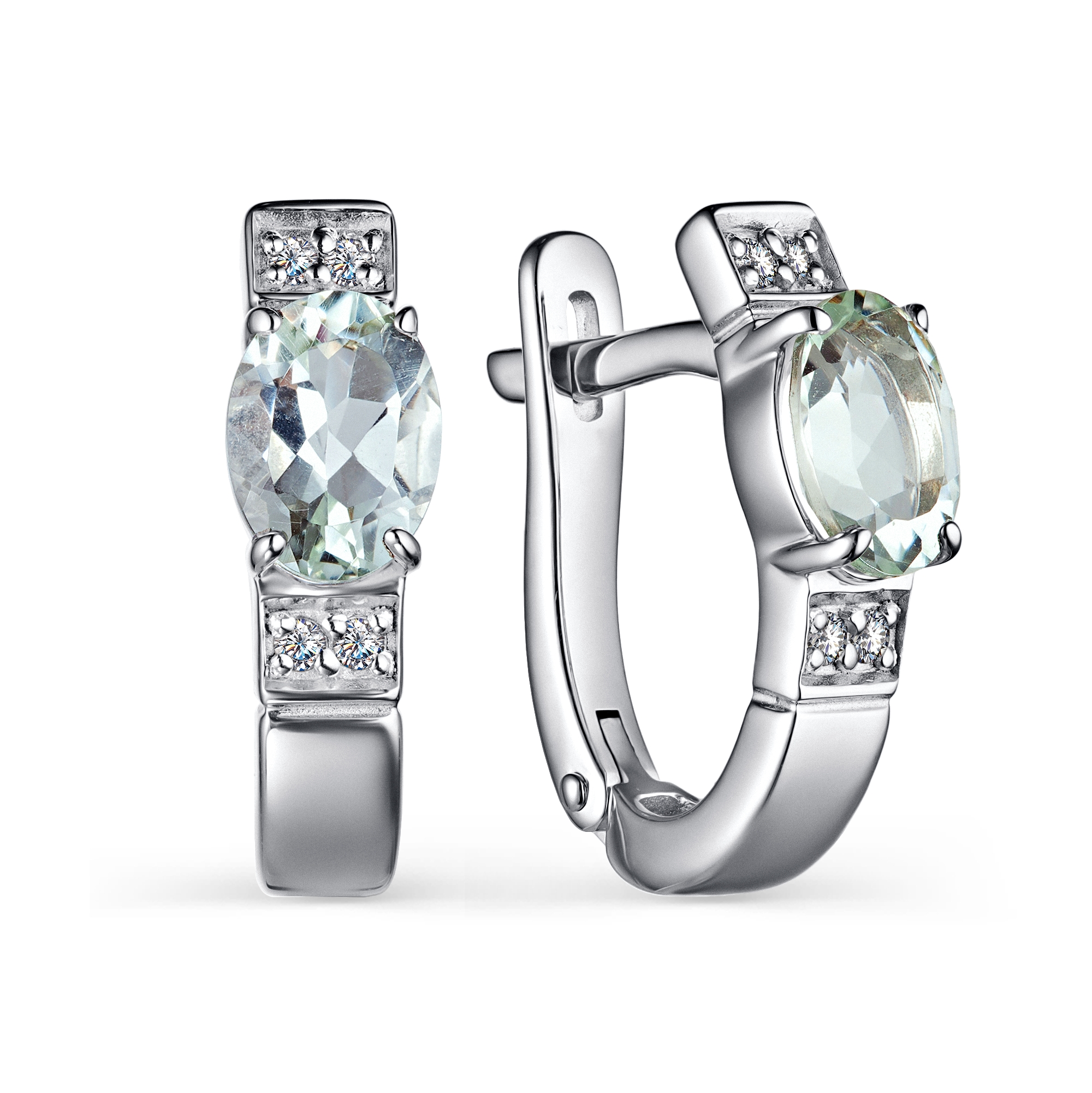 Серьги из серебра с камнями Фианит, Празиолит