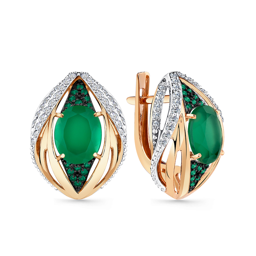 Cercei din aur roșu cu pietre Cubic Zirconia Incolor, Cubic Zirconia Verde și Agat verde
