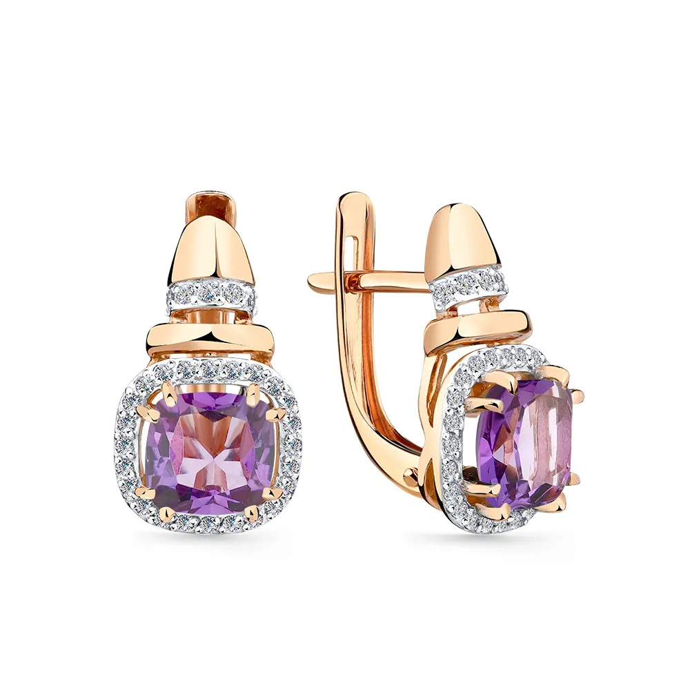 Cercei din aur roșu cu Cubic Zirconia Incolor, Ametist