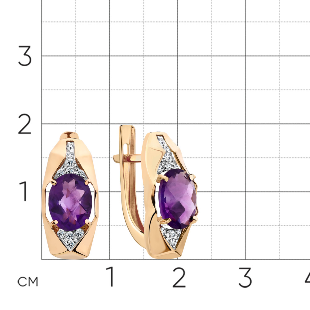 Серьги из красного золота с камнями Фианит, Аметист