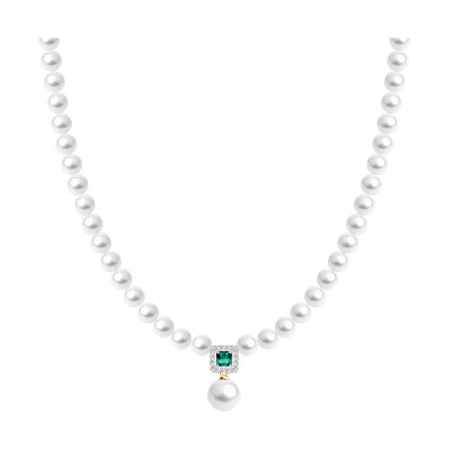Колье из красного золота с камнями Сапфир бесцветный, Изумруд гидротермальный и Жемчуг белый