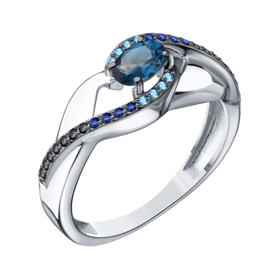 Кольцо из белого золота с камнями Фианит Синий, Фианит Синий Сапфир и Фианит Чёрный