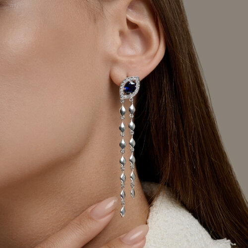 Серьги Длинные из серебра с камнями Фианит, Фианит Синий Сапфир