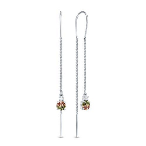 Серьги Продёвки из серебра с камнями Фианит, Султанит желтый (синт.)