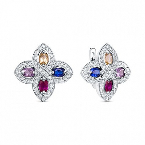 Серьги из серебра с камнями Фианит, Ювелирное стекло и Ювелирное стекло
