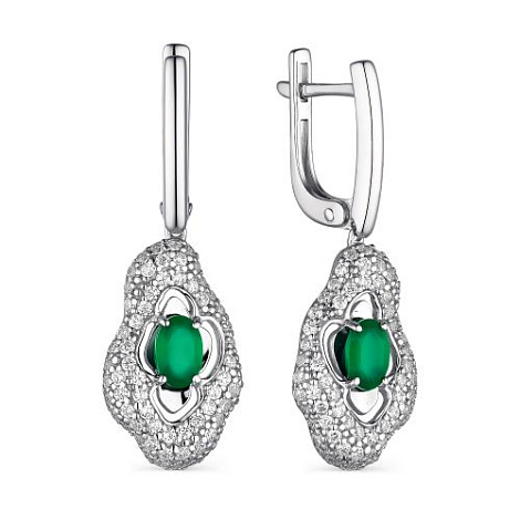 Серьги Длинные из серебра с камнями Фианит, Агат зеленый
