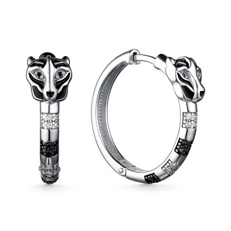 Cercei Creole din argint  cu pietre Cubic Zirconia Incolor, Cubic Zirconia Negru și Emailare