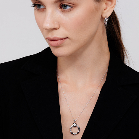 Cercei Creole din argint  cu pietre Cubic Zirconia Incolor, Cubic Zirconia Negru și Emailare