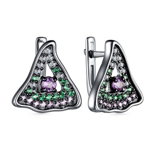 Серьги из серебра с камнями Фианит, Фианит Сиреневый и Фианит Зелёный