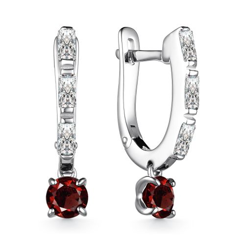 Серьги Длинные из серебра с камнями Фианит, Гранат