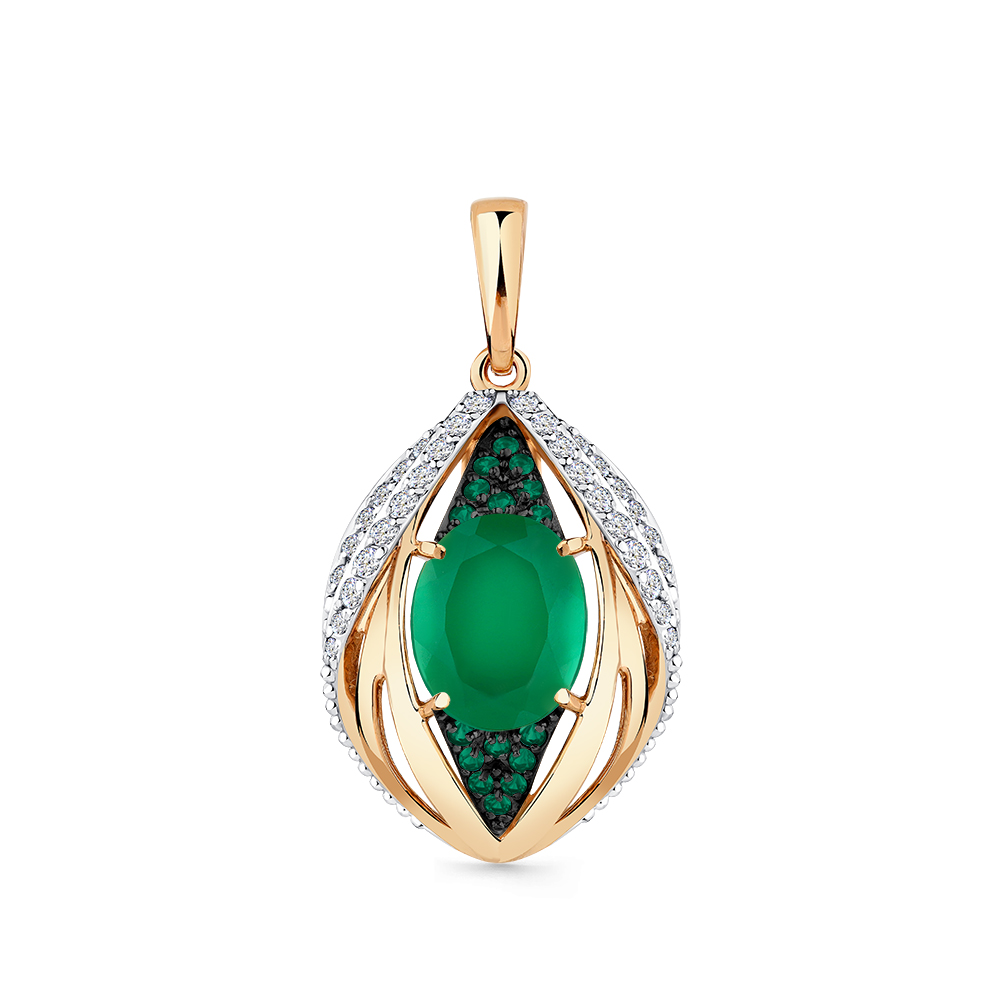 Pandantiv din aur roșu cu pietre Cubic Zirconia Incolor, Cubic Zirconia Verde și Agat verde