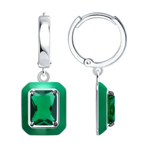 Cercei Creole din argint cu Cubic Zirconia Verde, Emailare