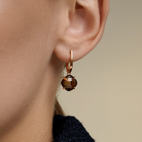 Серьги Длинные из красного золота с камнями Кварц дымчатый