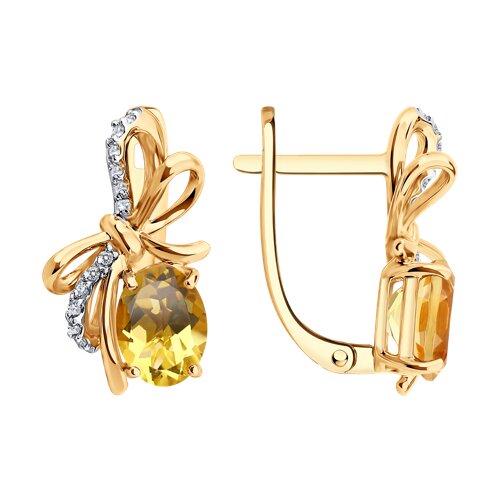 Серьги из красного золота с камнями Фианит, Цитрин