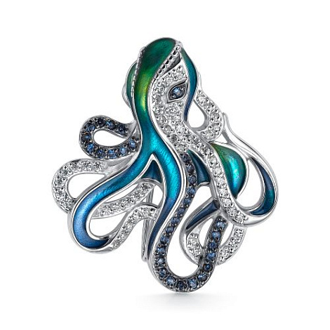 Broșă din argint  cu pietre Cubic Zirconia Incolor, Cubic Zirconia Albastru Safir și Emailare