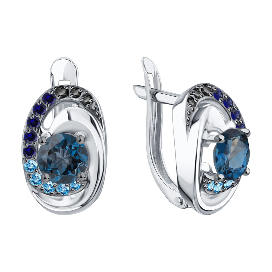 Серьги из белого золота с камнями Фианит Синий, Фианит Синий Сапфир и Фианит Чёрный