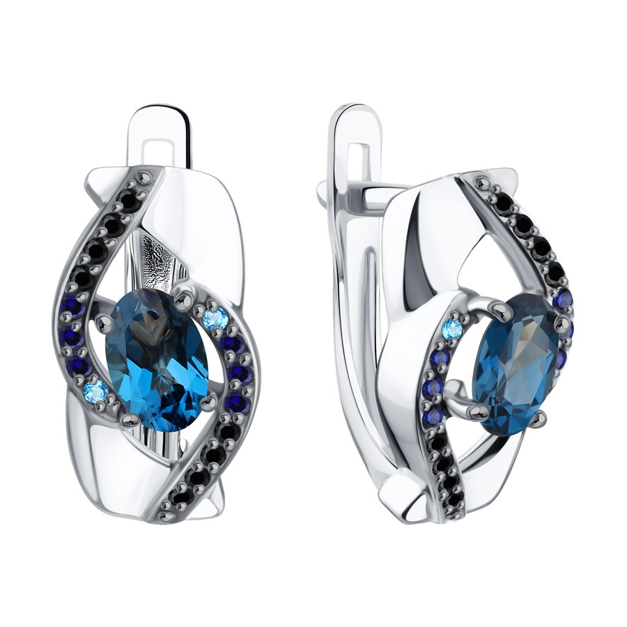 Серьги из белого золота с камнями Фианит Синий, Топаз London ситалл и Фианит Чёрный
