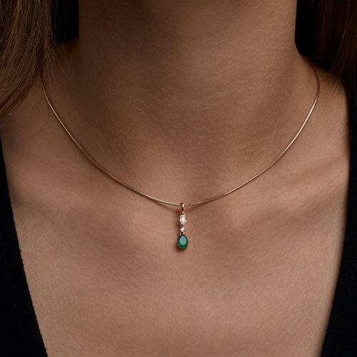 Pandantiv din aur roșu cu pietre Agat verde, Cristal de munte