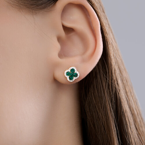 Серьги Пусеты из красного золота с камнями Бриллиант, Изумруд гидротермальный