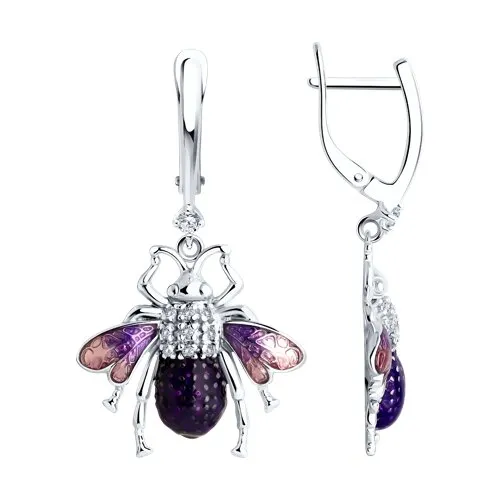 Cercei Suspendați din argint cu Cubic Zirconia Incolor, Cubic Zirconia Liliachiu și Emailare
