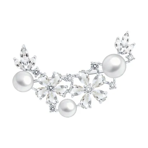 Broșă din aur alb cu Cubic Zirconia Incolor, Cristal de munte și Perla Albă