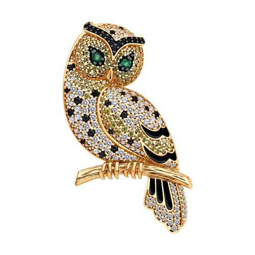 Брошь из позолоченного серебра с камнями Фианит Разноцветный, Эмаль