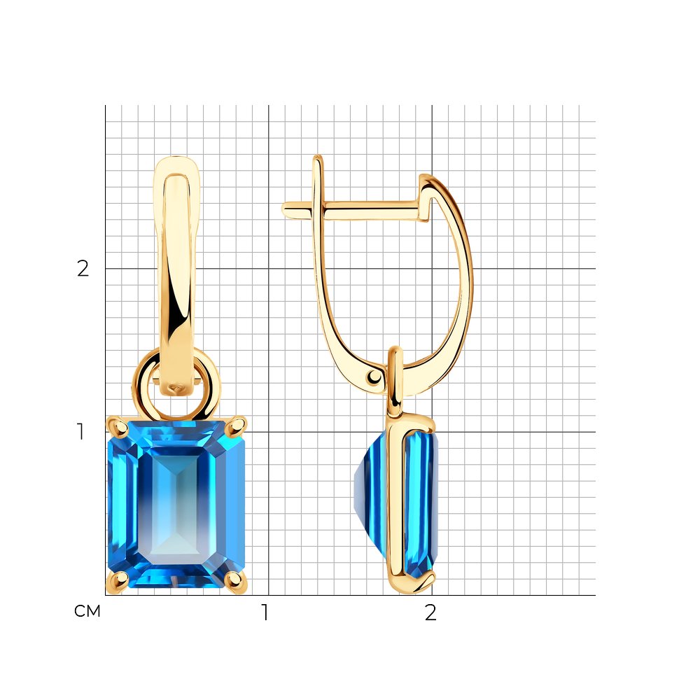 Серьги Длинные из красного золота с камнями Топаз Swarovski голубой