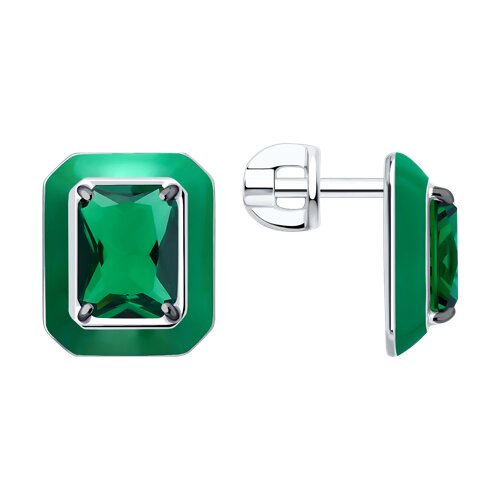 Cercei Pusete din argint  cu pietre Cubic Zirconia Verde, Emailare