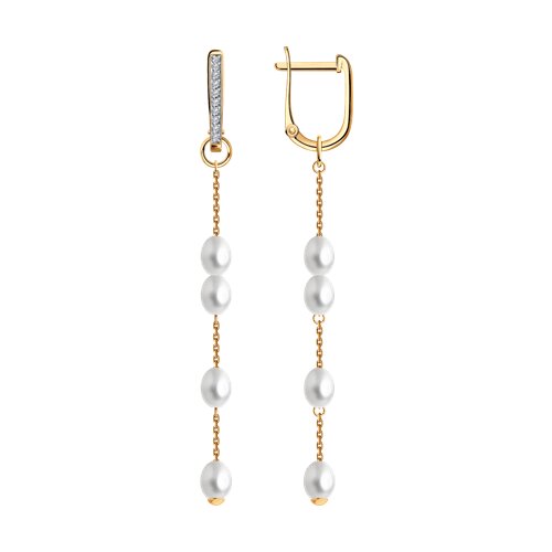 Серьги Длинные из красного золота с камнями Бриллиант, Жемчуг белый