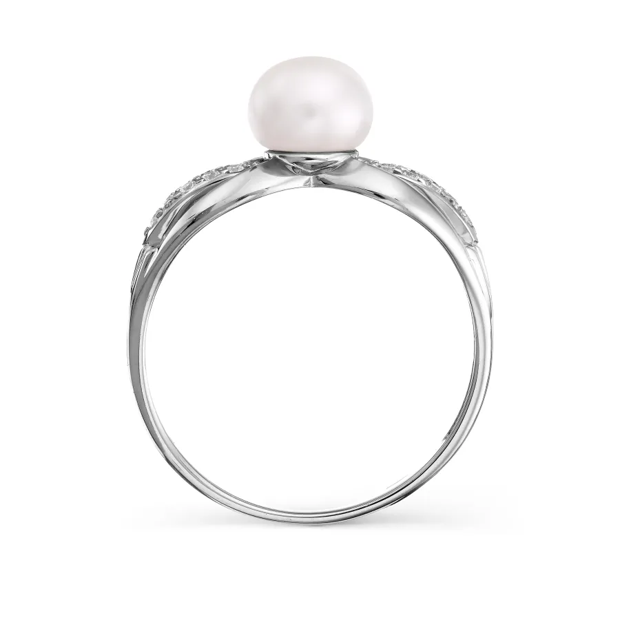 Inel din aur alb cu Cubic Zirconia Incolor, Perla Albă