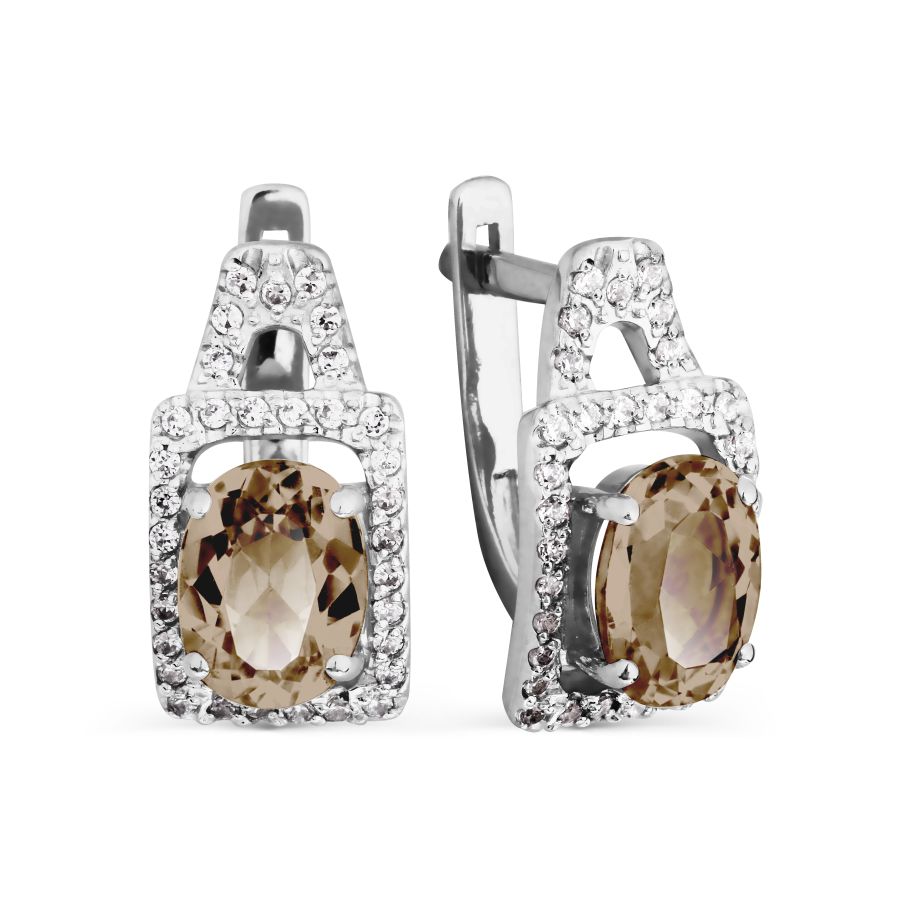Cercei din aur alb cu pietre Cubic Zirconia Incolor, Cuarț fumuriu
