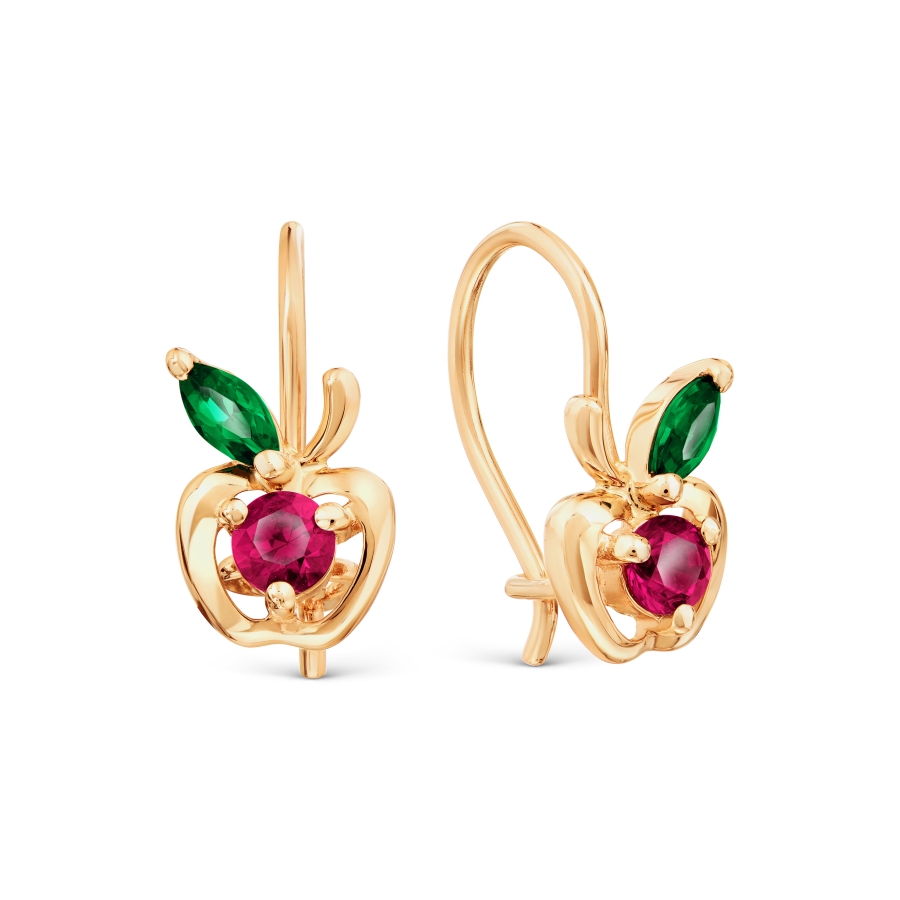 Cercei p-u copii din aur roșu cu pietre Cubic Zirconia Roșu, Cubic Zirconia Verde