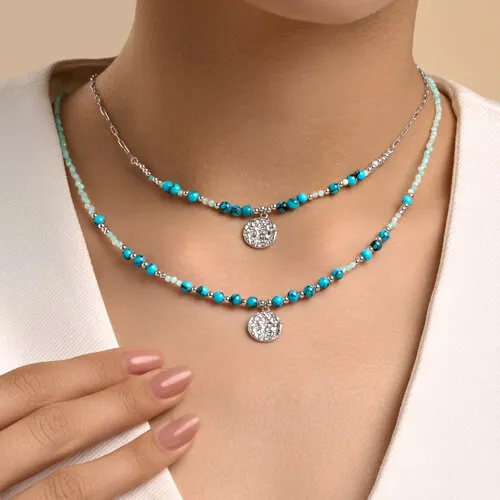 Колье из серебра с камнями Амазонит, Бирюза (синт.) и Леска