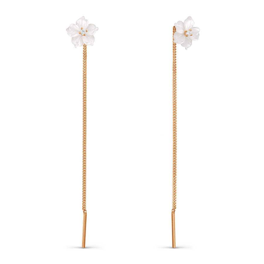 Cercei Lanț din aur roșu cu pietre Cubic Zirconia Incolor, Sidef Alb