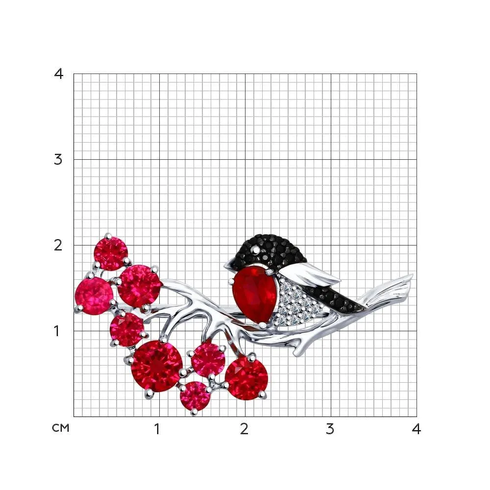 Broșă din argint cu Cubic Zirconia Incolor, Cubic Zirconia Negru și Corindon (rubin)