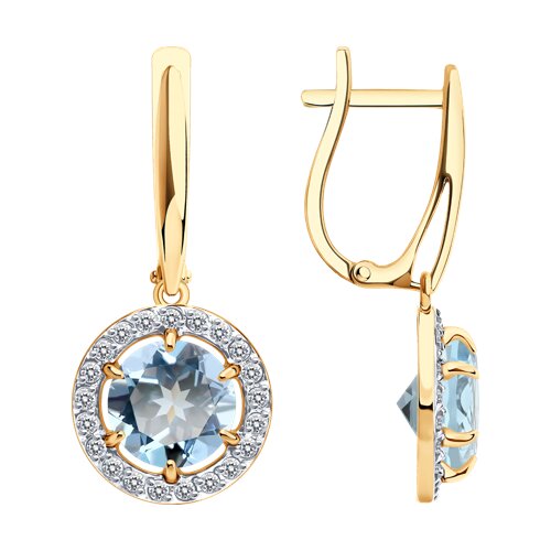 Серьги Длинные из красного золота с камнями Фианит, Топаз голубой