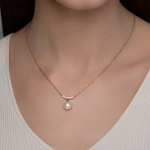 Colier din aur roșu cu pietre Cubic Zirconia Incolor, Perla Albă