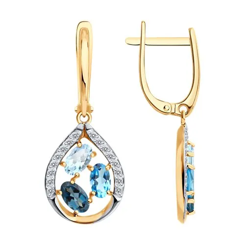 Cercei Suspendați din aur roșu cu Cubic Zirconia Incolor, Topaz albastru și Topaz Swiss