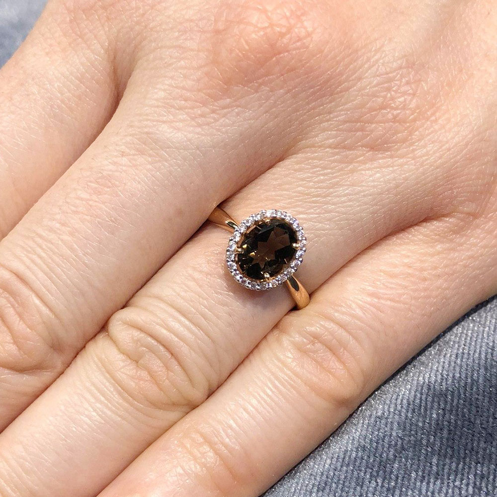 Inel din aur roșu cu pietre Cubic Zirconia Incolor, Cuarț fumuriu