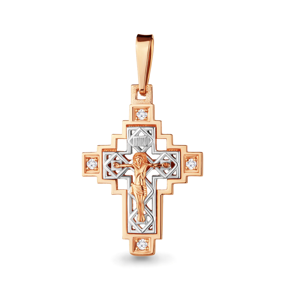 Cruce din aur roșu cu pietre Cubic Zirconia Incolor