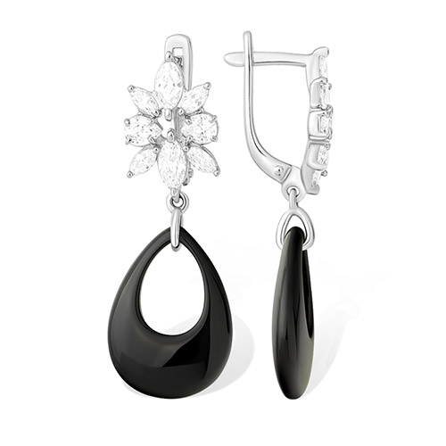 Cercei Suspendați din argint  cu pietre Cubic Zirconia Incolor, Ceramica neagră