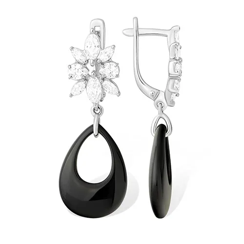 Cercei Suspendați din argint cu Cubic Zirconia Incolor, Ceramica neagră