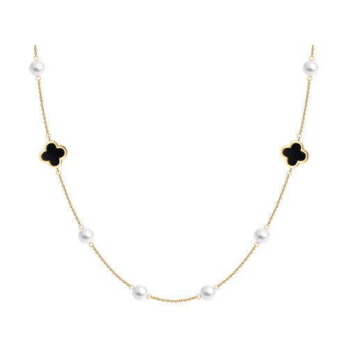 Колье из красного золота с камнями Агат черный, Жемчуг белый