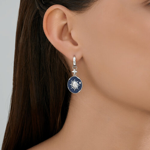 Cercei Creole din argint  cu pietre Cubic Zirconia Incolor, Emailare